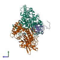 Hetero trimeric assembly 4 of PDB entry 3dbl coloured by chemically distinct molecules, side view.