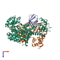 Hetero trimeric assembly 1 of PDB entry 3dbr coloured by chemically distinct molecules, top view.