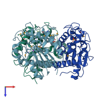 PDB entry 3dc7 coloured by chain, top view.