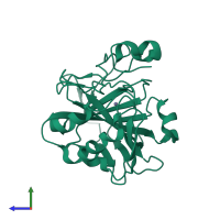 PDB entry 3dc9 coloured by chain, side view.