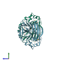 PDB entry 3dcd coloured by chain, side view.