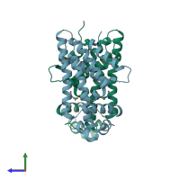 PDB entry 3dcf coloured by chain, side view.