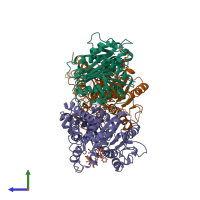 PDB entry 3dco coloured by chain, side view.