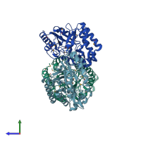 PDB entry 3dcp coloured by chain, side view.