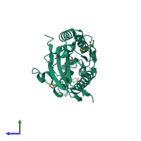 PDB entry 3dcy coloured by chain, side view.