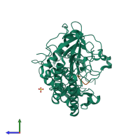 PDB entry 3dda coloured by chain, side view.