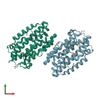 PDB entry 3dde coloured by chain, front view.