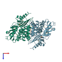 PDB entry 3dev coloured by chain, top view.
