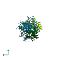 PDB entry 3dex coloured by chain, side view.
