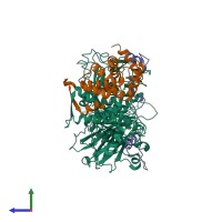 PDB entry 3df0 coloured by chain, side view.