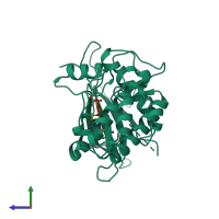 PDB entry 3dfc coloured by chain, side view.