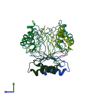 PDB entry 3dfe coloured by chain, side view.