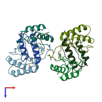 PDB entry 3dfe coloured by chain, top view.