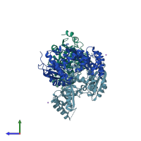 PDB entry 3dfh coloured by chain, side view.