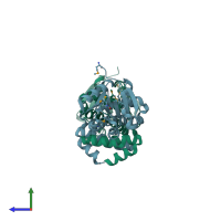 PDB entry 3dfu coloured by chain, side view.