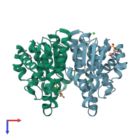 PDB entry 3dgq coloured by chain, top view.