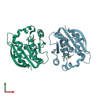 PDB entry 3dh0 coloured by chain, front view.