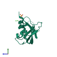 PDB entry 3dic coloured by chain, side view.