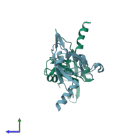 PDB entry 3dj1 coloured by chain, side view.
