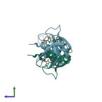 PDB entry 3djp coloured by chain, side view.