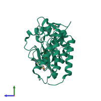 Monomeric assembly 2 of PDB entry 3dk7 coloured by chemically distinct molecules, side view.