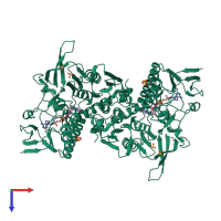 Homo dimeric assembly 1 of PDB entry 3dk9 coloured by chemically distinct molecules, top view.