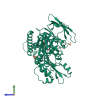 PDB entry 3dk9 coloured by chain, side view.