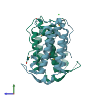 PDB entry 3dka coloured by chain, side view.