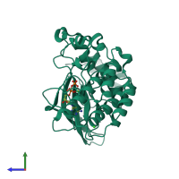 Monomeric assembly 1 of PDB entry 3dkc coloured by chemically distinct molecules, side view.