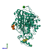 PDB entry 3dkk coloured by chain, side view.