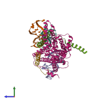 PDB entry 3dkn coloured by chain, side view.