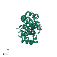 PDB entry 3dkp coloured by chain, side view.