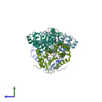 PDB entry 3dks coloured by chain, side view.