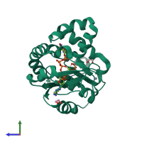 PDB entry 3dkv coloured by chain, side view.