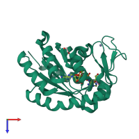 PDB entry 3dkv coloured by chain, top view.
