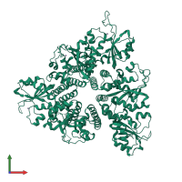 Homo hexameric assembly 1 of PDB entry 3dky coloured by chemically distinct molecules, front view.