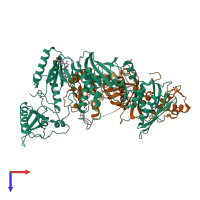 PDB entry 3dlg coloured by chain, top view.