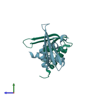 PDB entry 3dlv coloured by chain, side view.