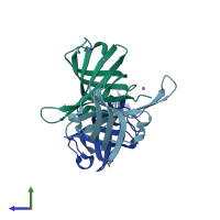 PDB entry 3dm3 coloured by chain, side view.