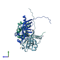 PDB entry 3dmb coloured by chain, side view.