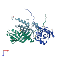 PDB entry 3dmb coloured by chain, top view.