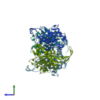 PDB entry 3dmp coloured by chain, side view.