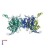 PDB entry 3dmp coloured by chain, top view.