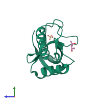 PDB entry 3dmu coloured by chain, side view.