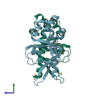 PDB entry 3dn7 coloured by chain, side view.