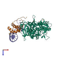 PDB entry 3dnv coloured by chain, top view.