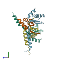 PDB entry 3dom coloured by chain, side view.