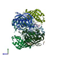 PDB entry 3dp0 coloured by chain, side view.