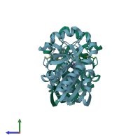PDB entry 3dp9 coloured by chain, side view.