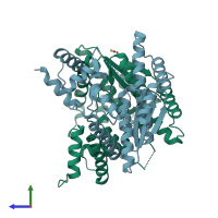 PDB entry 3dpi coloured by chain, side view.